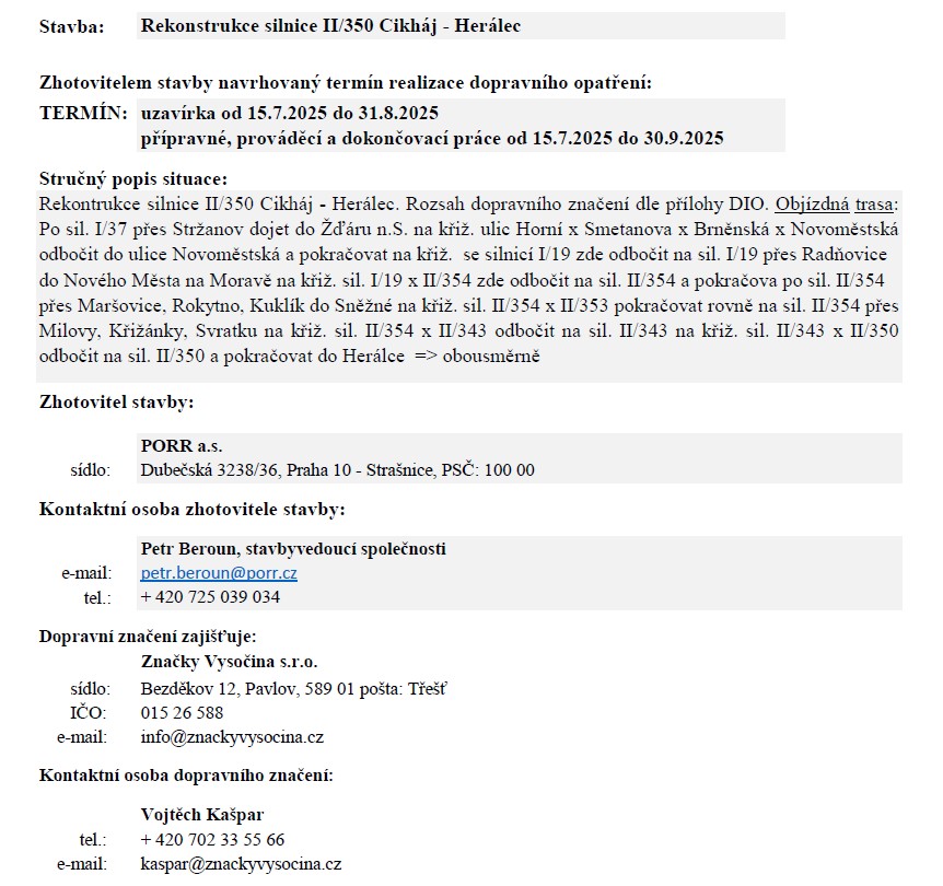 Informace o rekonstrukci silnice II 350